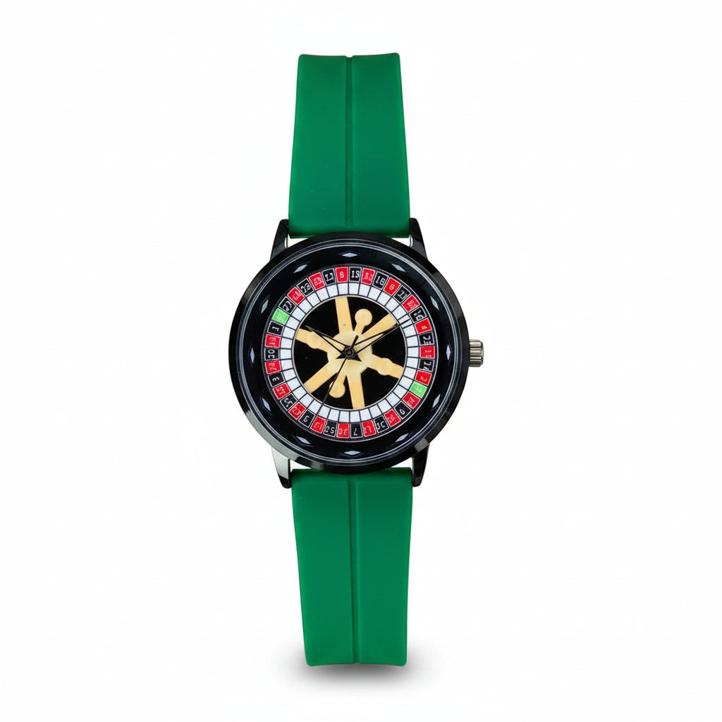 Men's rotating casino-style watch with gold dial and green silicone strap