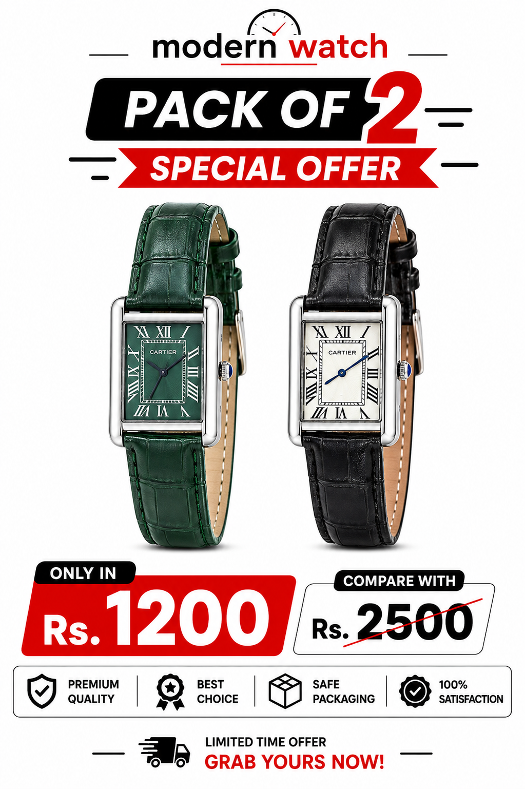 Rectangular dress watch set with dark green and black leather straps, roman numeral dials.