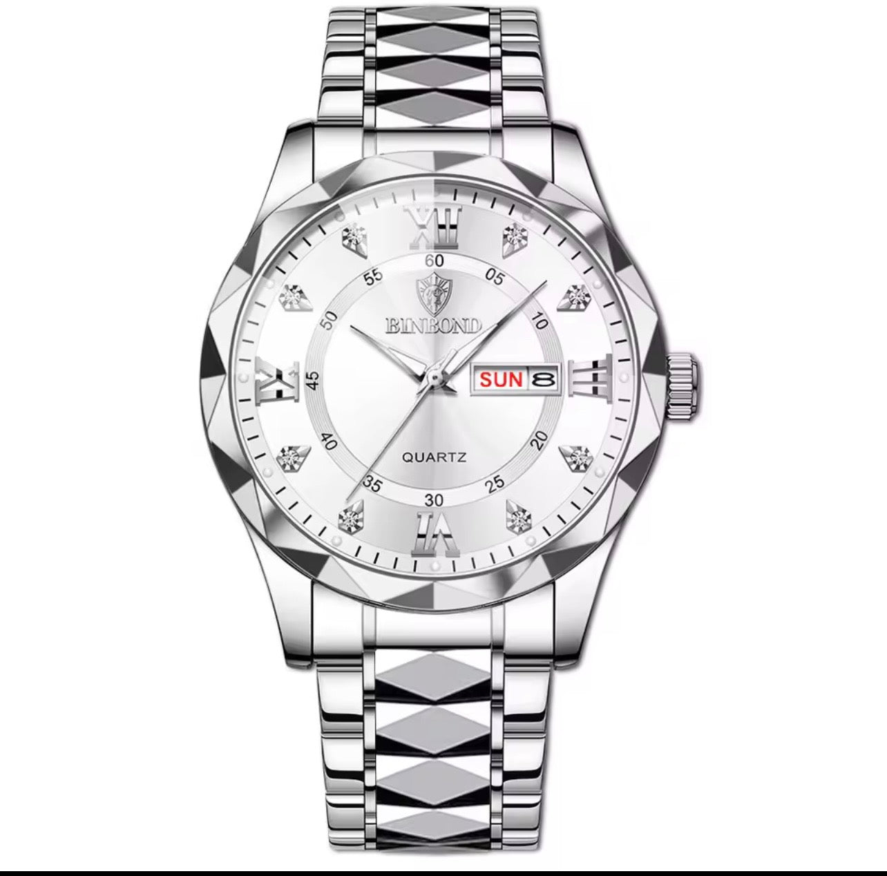Men's waterproof watch with white dial and silver metal link bracelet