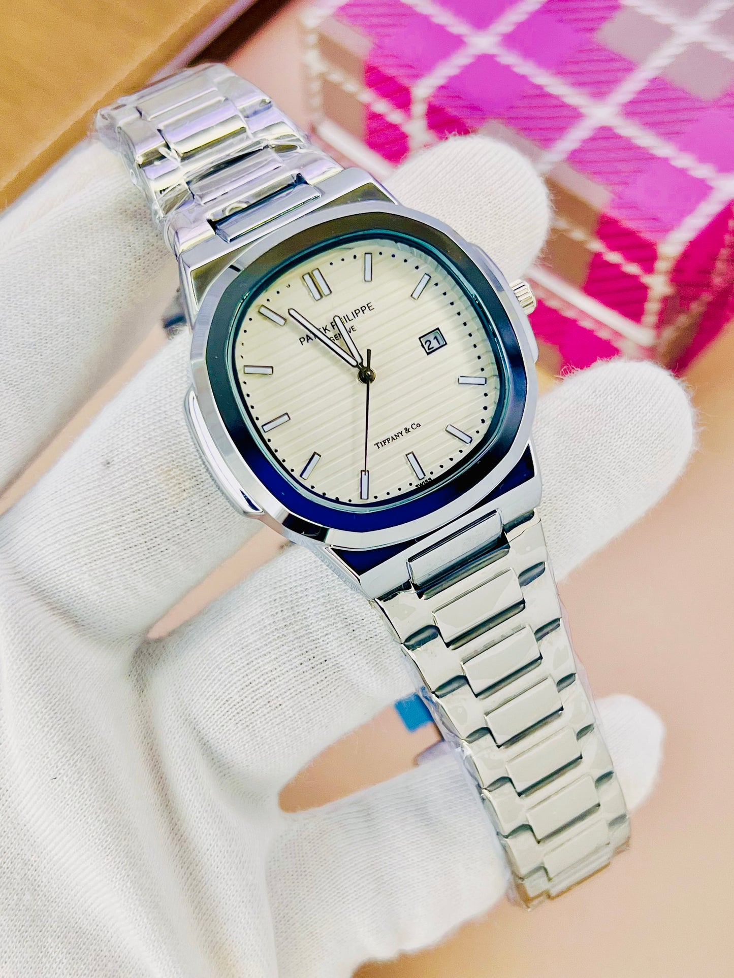 First Copy Pathic Philip Sliver Stainless steel chain watches for men