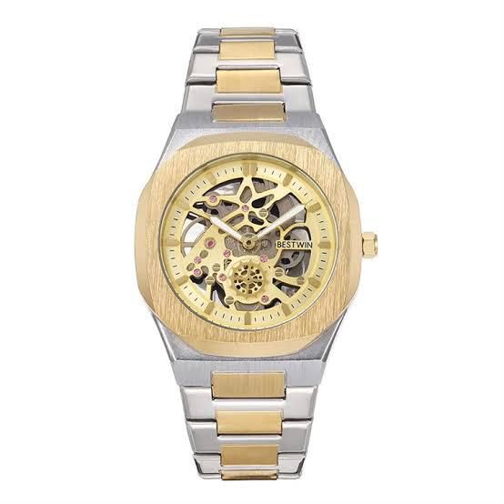 Waterproof Bestwin skeleton-style watch, gold bezel over silver/gold link bracelet
