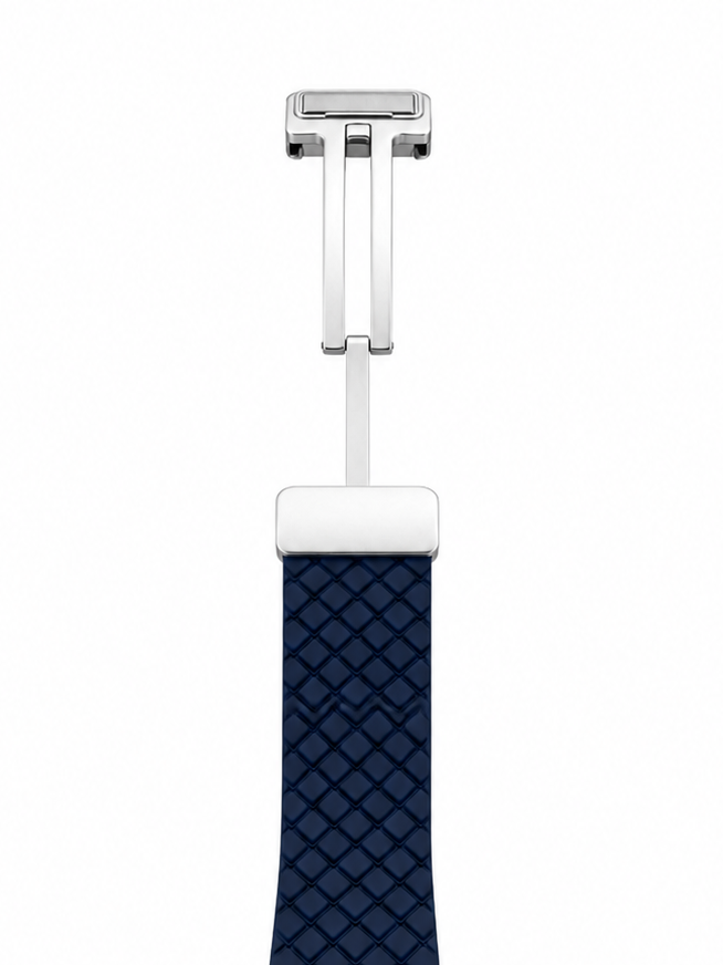 Men's wrist watch with blue woven strap and round silver case