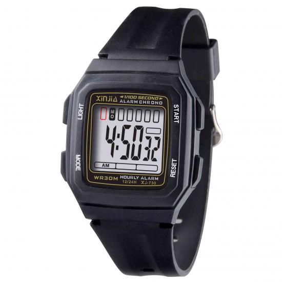 Xinjia digital sport watch with black silicone strap, backlit LCD display, hourly alarm chrono
