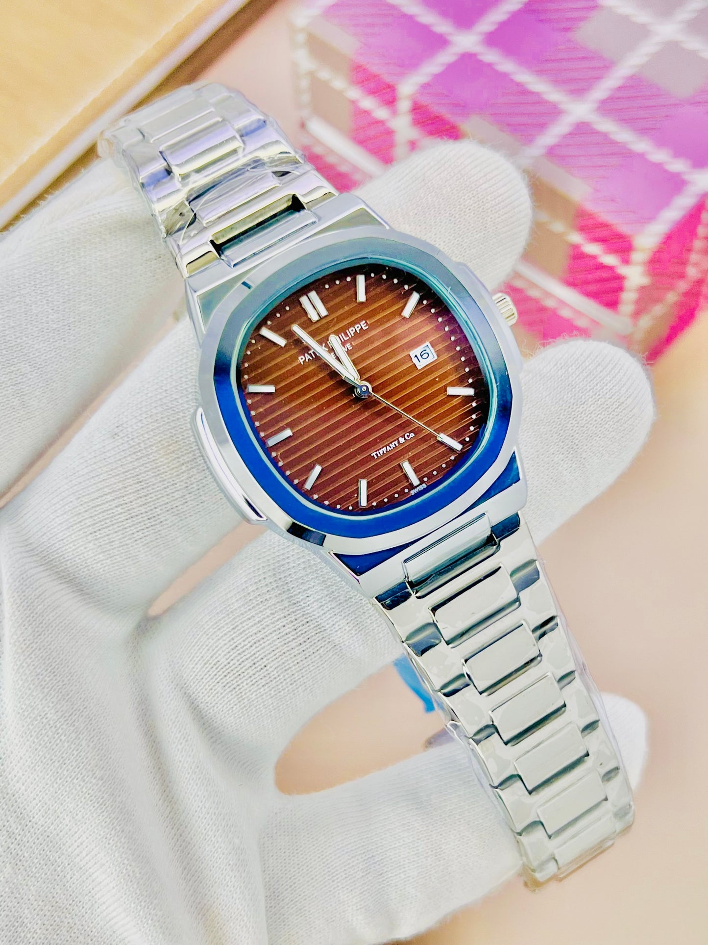 First Copy Pathic Philip Sliver Stainless steel chain watches for men