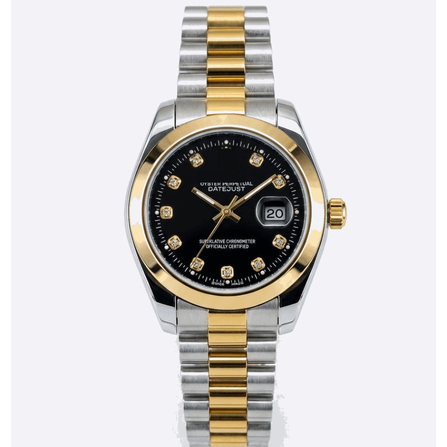 Two-tone men's quartz Datejust watch, gold bezel, black dial, steel-gold bracelet.