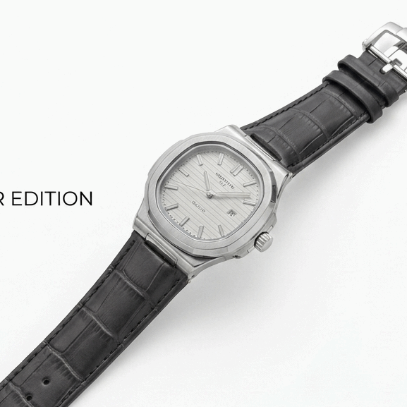 Martyn Master Lock men’s watch with silver case, black leather strap, and white dial