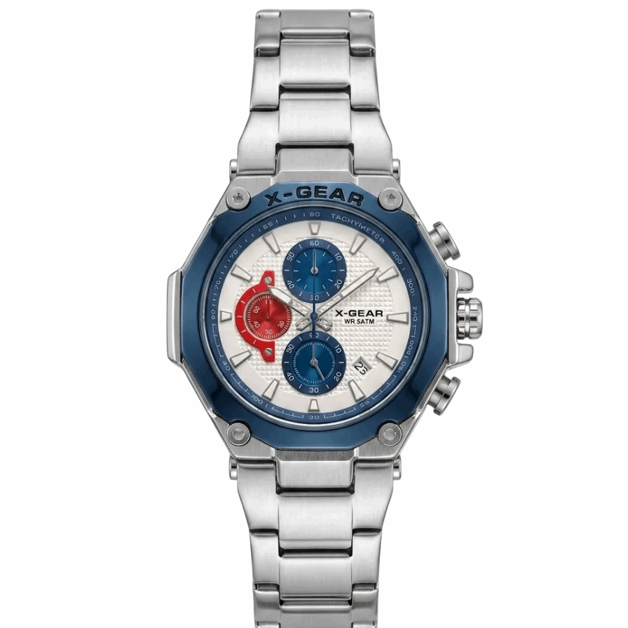 Men's chronograph watch with silver bracelet, blue dial and red chronograph subdial