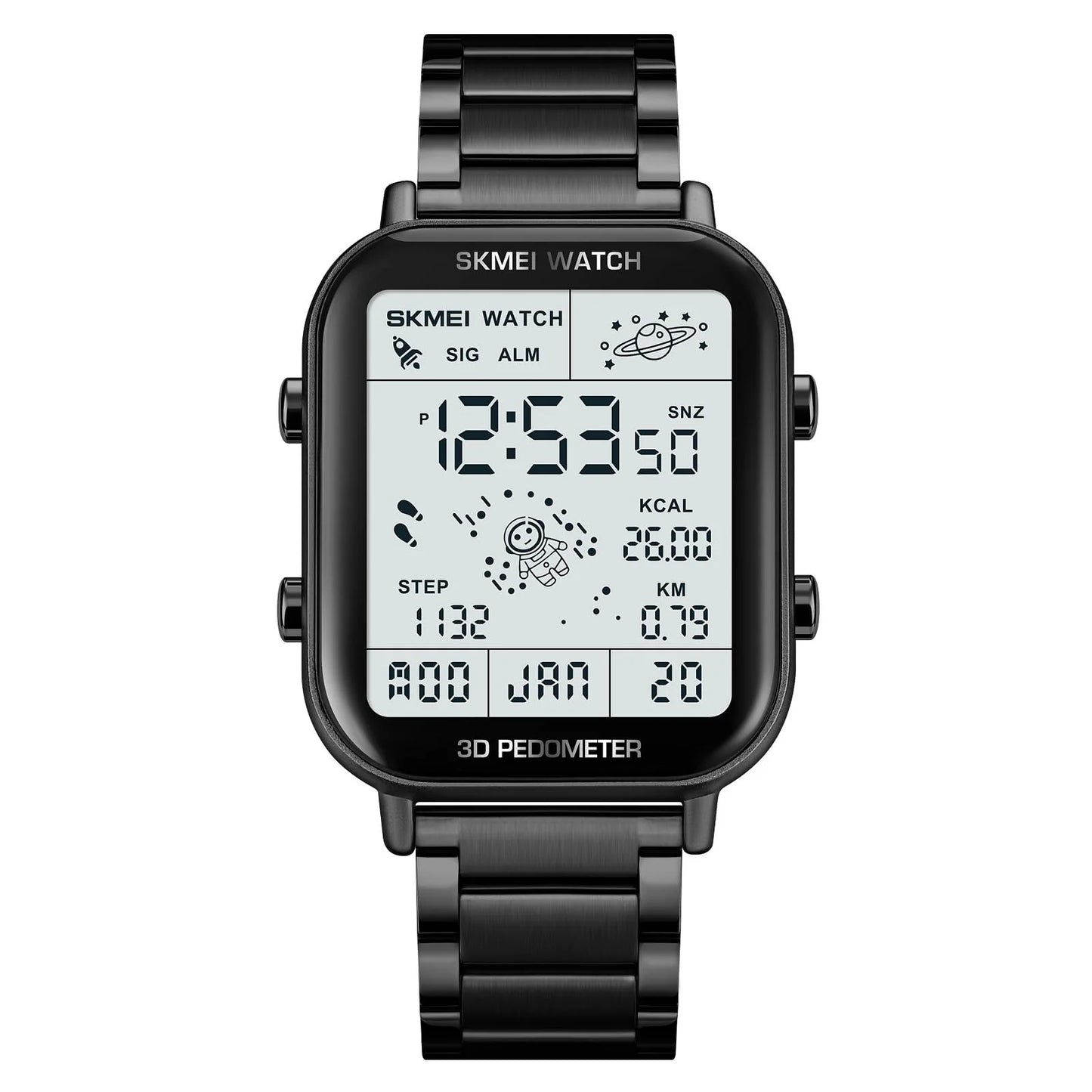 Black SKMEI 1888 sports watch with rectangular LCD face on metal band