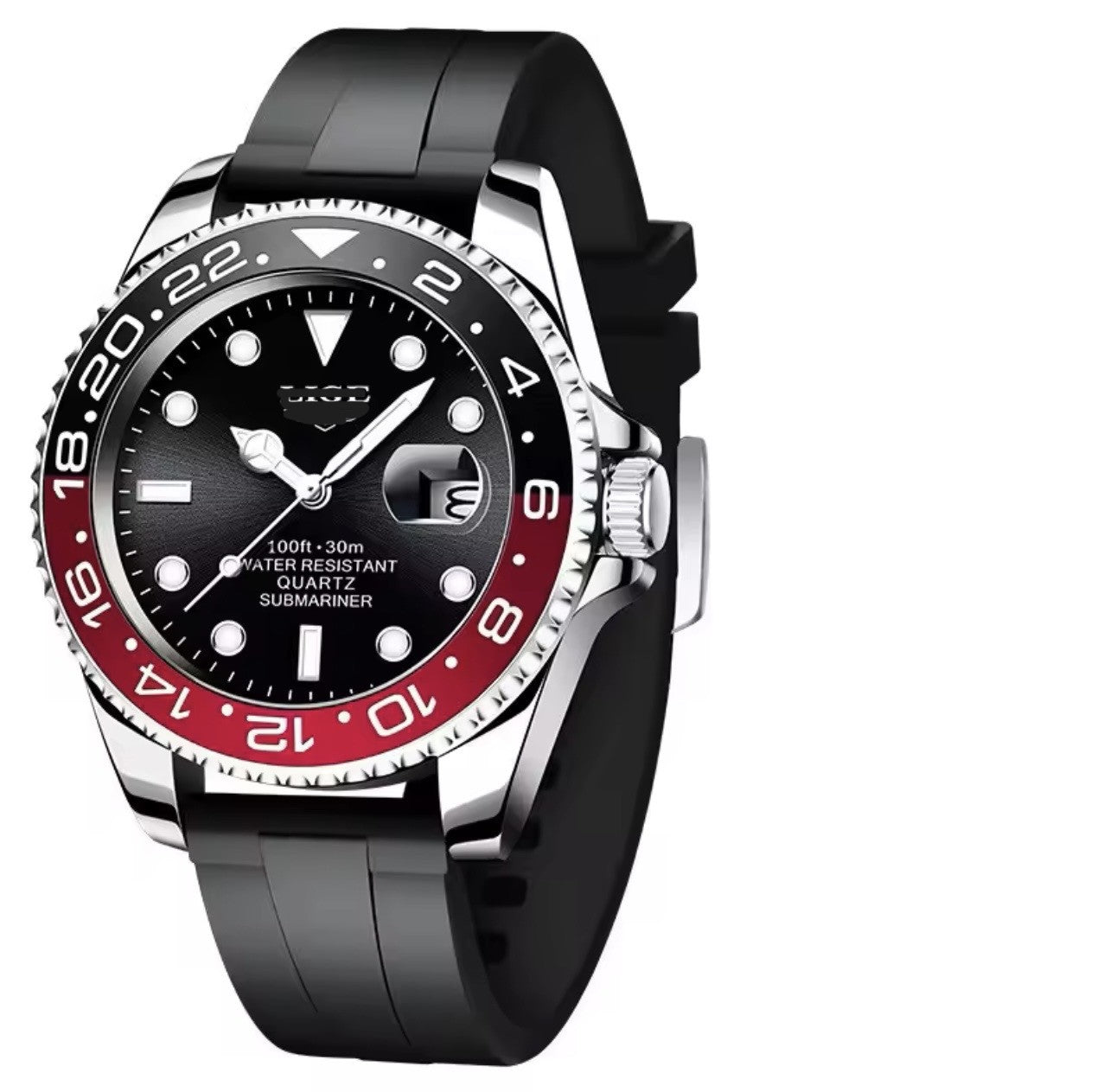 Men's silicone strap watch with black dial, red bezel, silver round case
