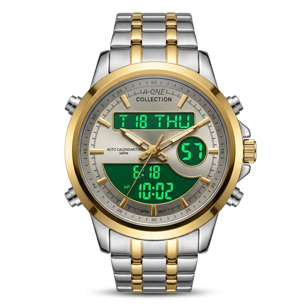 Two-tone dual time watch with green digital display, gold bezel, and silver-gold bracelet