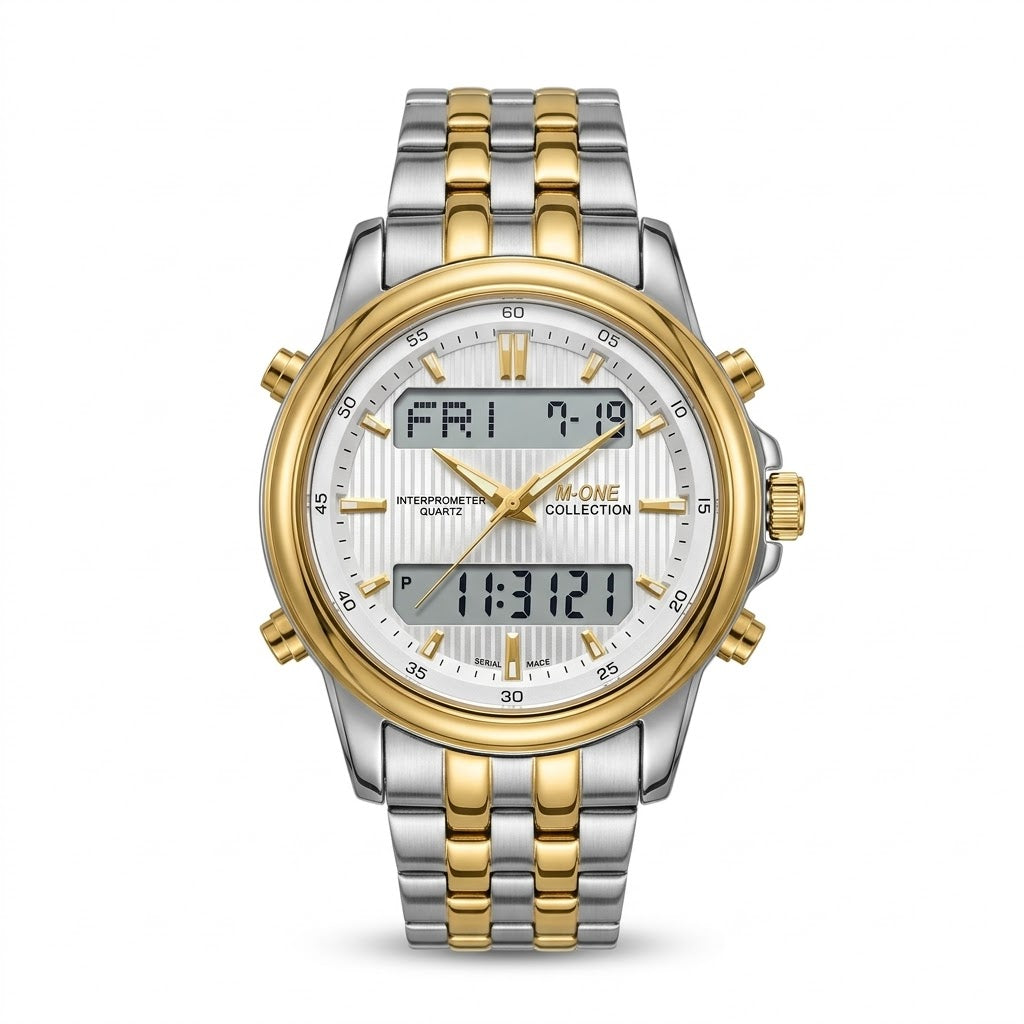 Two-tone dual time watch with light dial, gold case, and silver-gold metal bracelet