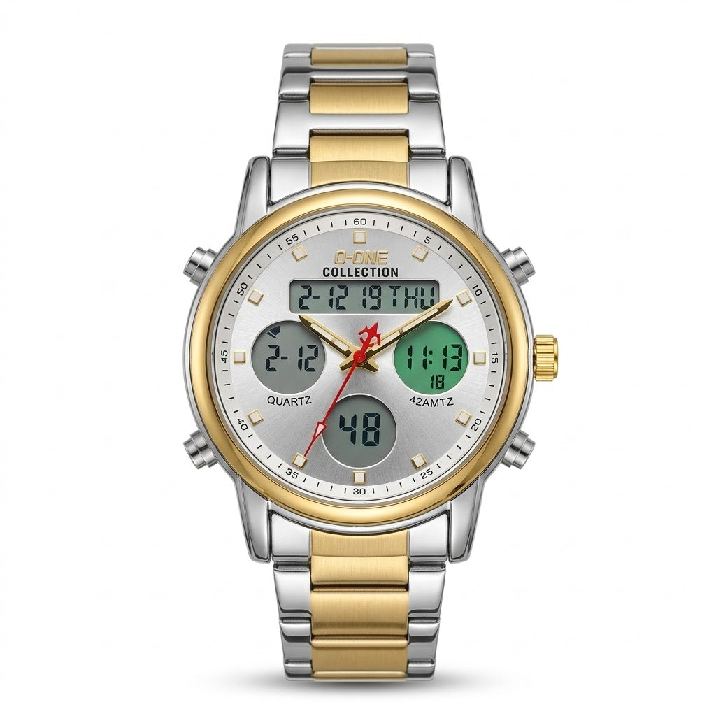 Two-tone dual time watch with white dial, gold bezel, green digital subdials, and date window