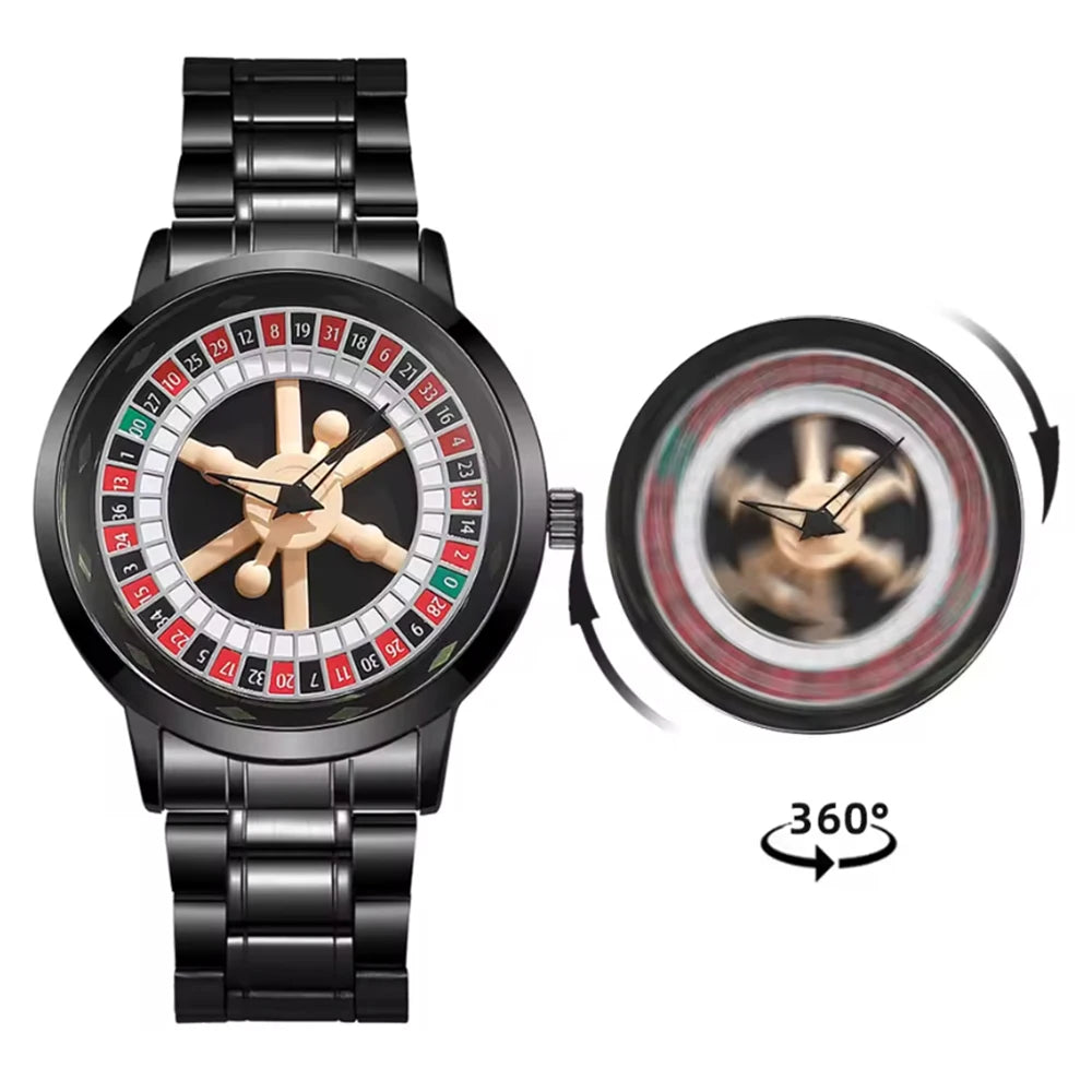 Black rotating wheel watch with steel link band and 360° bezel inset