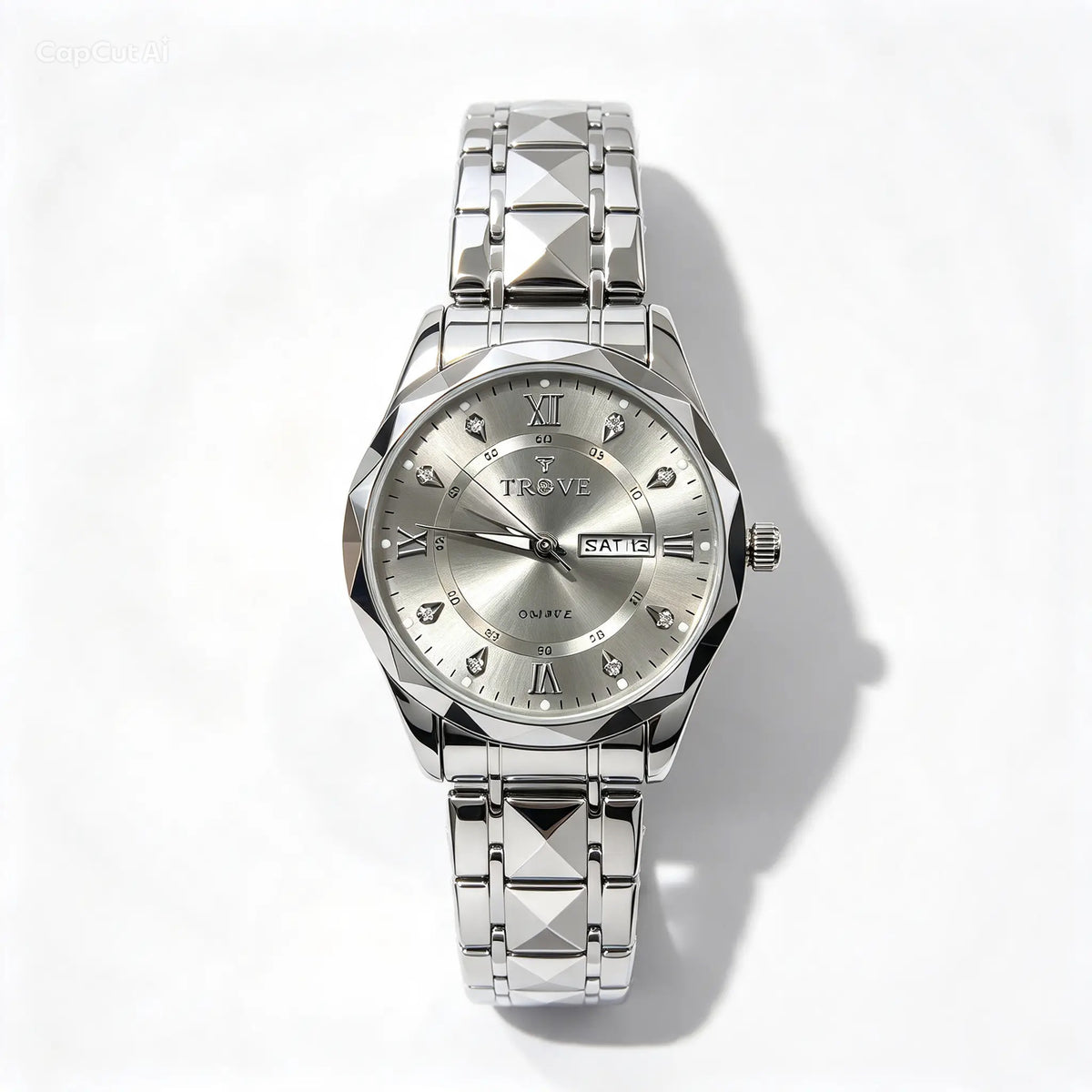 Silver diamond-cut glass watch with grey dial on metal bracelet