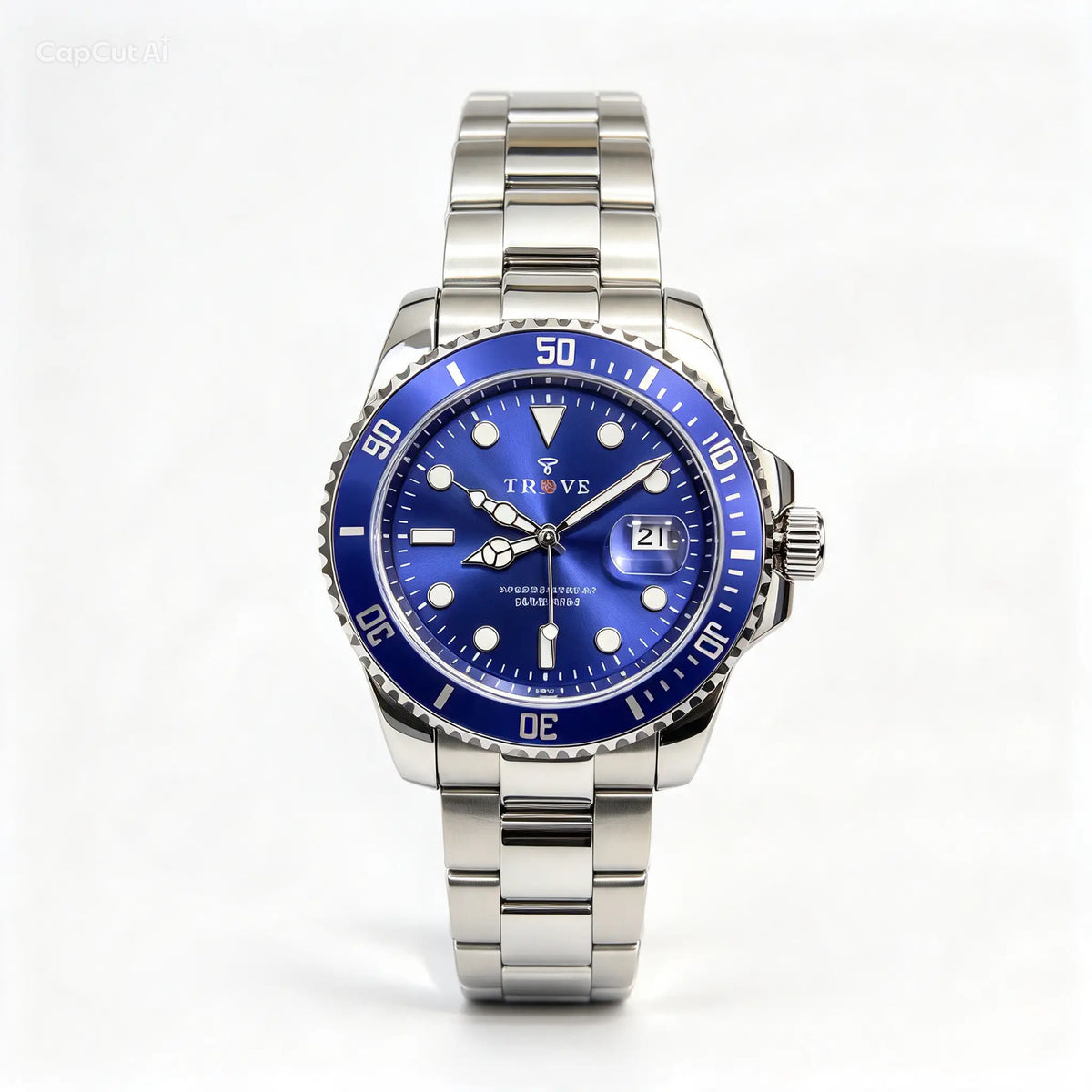 Men's stainless steel watch with blue dial and blue bezel