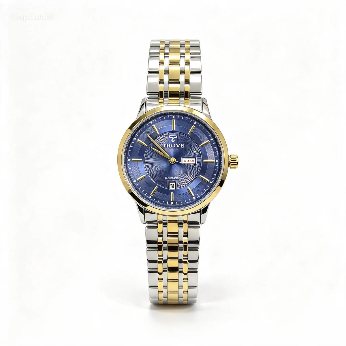 Two-tone metal bracelet watch with blue dial, gold hands and markers, round case