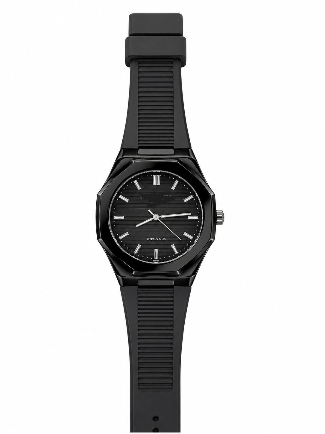 Mens wristwatch with black dial and case, black silicone strap.