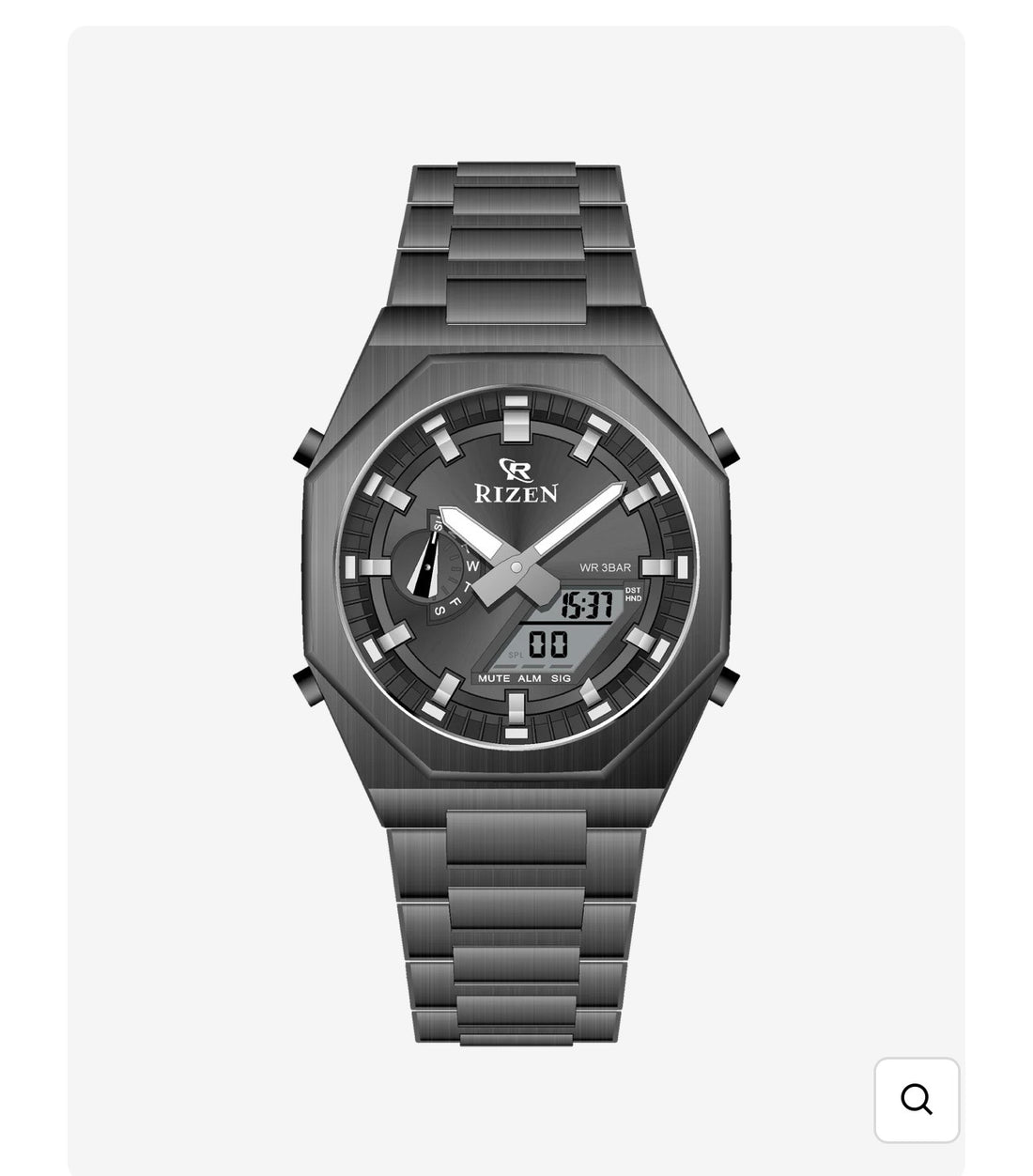 Rizen Dual Time sports watch with gold-tone bracelet and dark dial