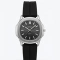 A silver-tone wristwatch with a black dial and a black rubber strap, shown against a plain light gray background.