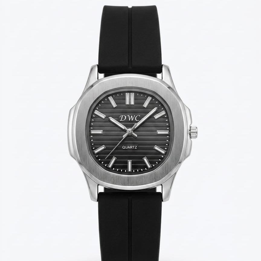 Men's quartz watch with black silicone strap and black dial, silver case