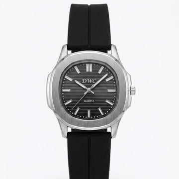 A silver-tone wristwatch with a black dial and a black rubber strap, shown against a plain light gray background.