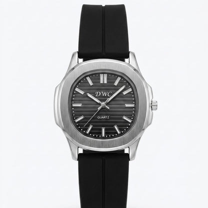 Men's quartz watch with black silicone strap and black dial, silver case