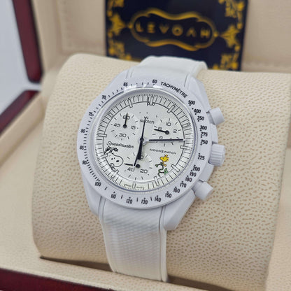 White chronograph watch with tachymeter bezel, moonphase subdials, white band