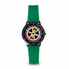 Men's rotating casino-style watch with gold dial and green silicone strap