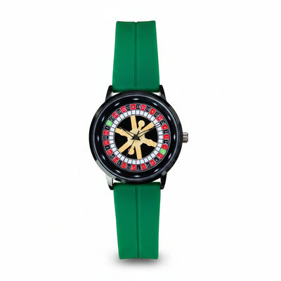 Men's rotating casino-style watch with gold dial and green silicone strap