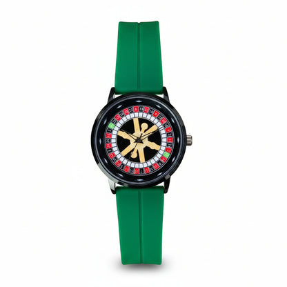 Men's rotating casino-style watch with gold dial and green silicone strap