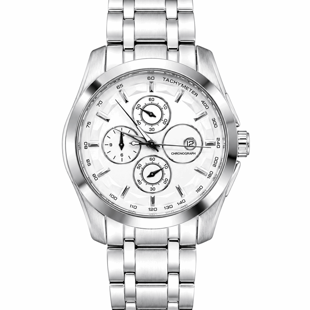 Men's silver-tone chronograph wristwatch with light dial and metal link bracelet