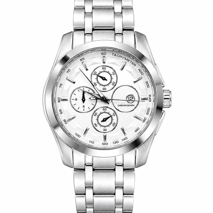 Men's silver-tone chronograph wristwatch with light dial and metal link bracelet