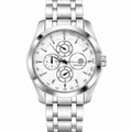 Men's Tissot silver watch with light chronograph dial, subdials, metal bracelet