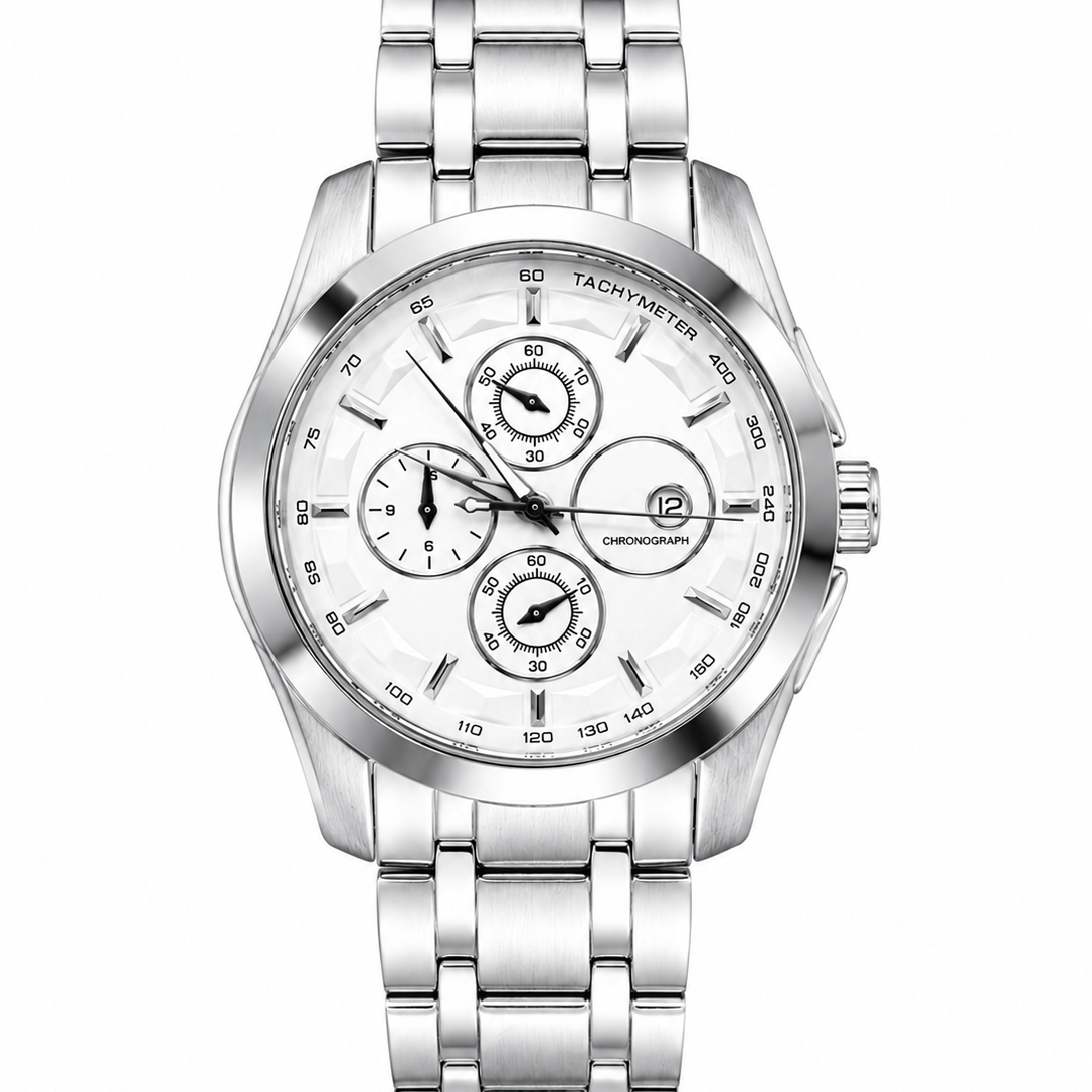 Men's Tissot silver watch with light chronograph dial, subdials, metal bracelet