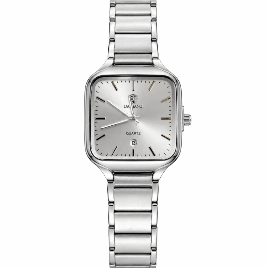 Square quartz men’s watch with stainless steel bracelet and silver-white dial