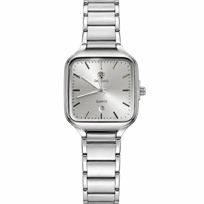 Square quartz men’s watch with stainless steel bracelet and silver-white dial