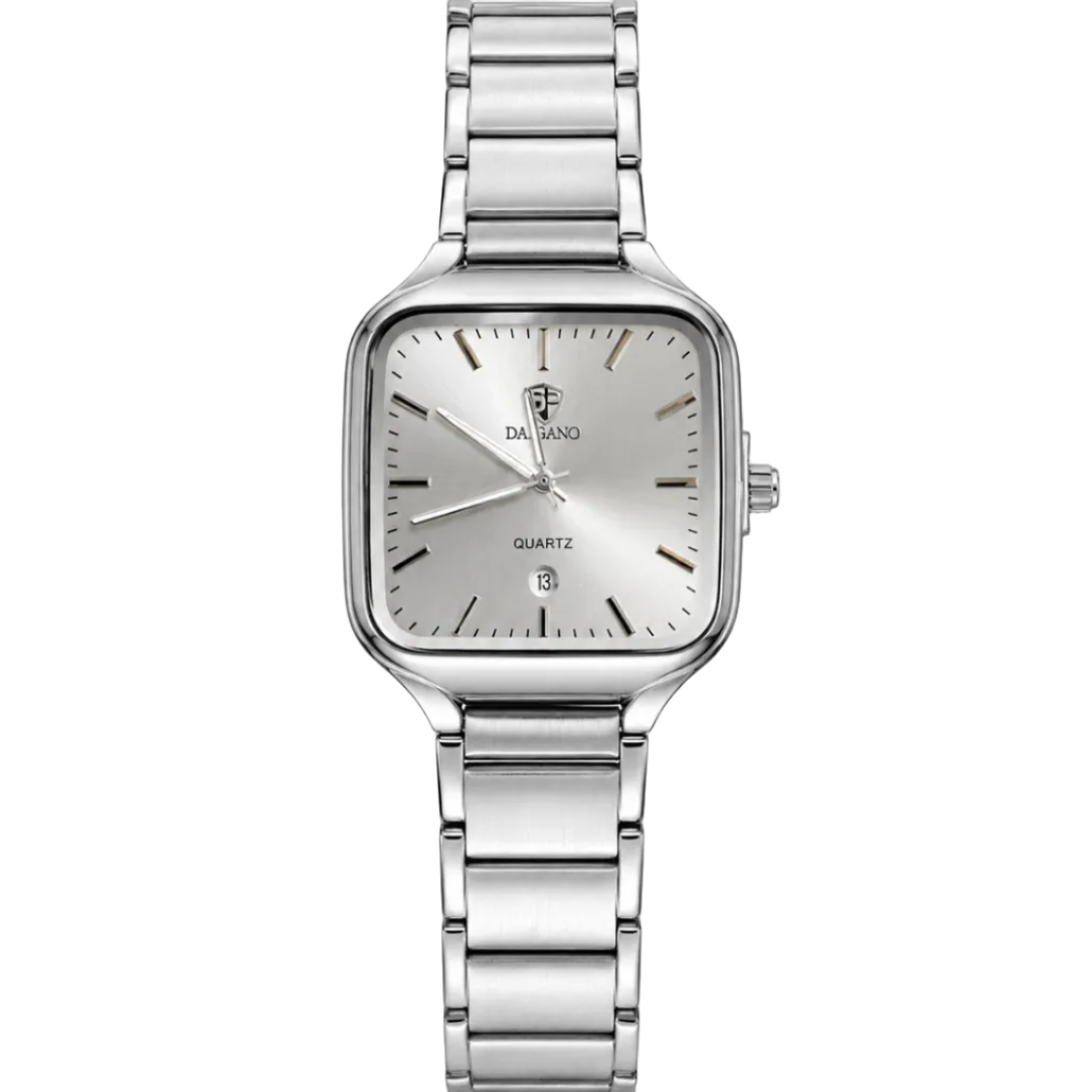 Dearno square quartz ladies watch with silver sunray dial, date display and polished stainless steel bracelet