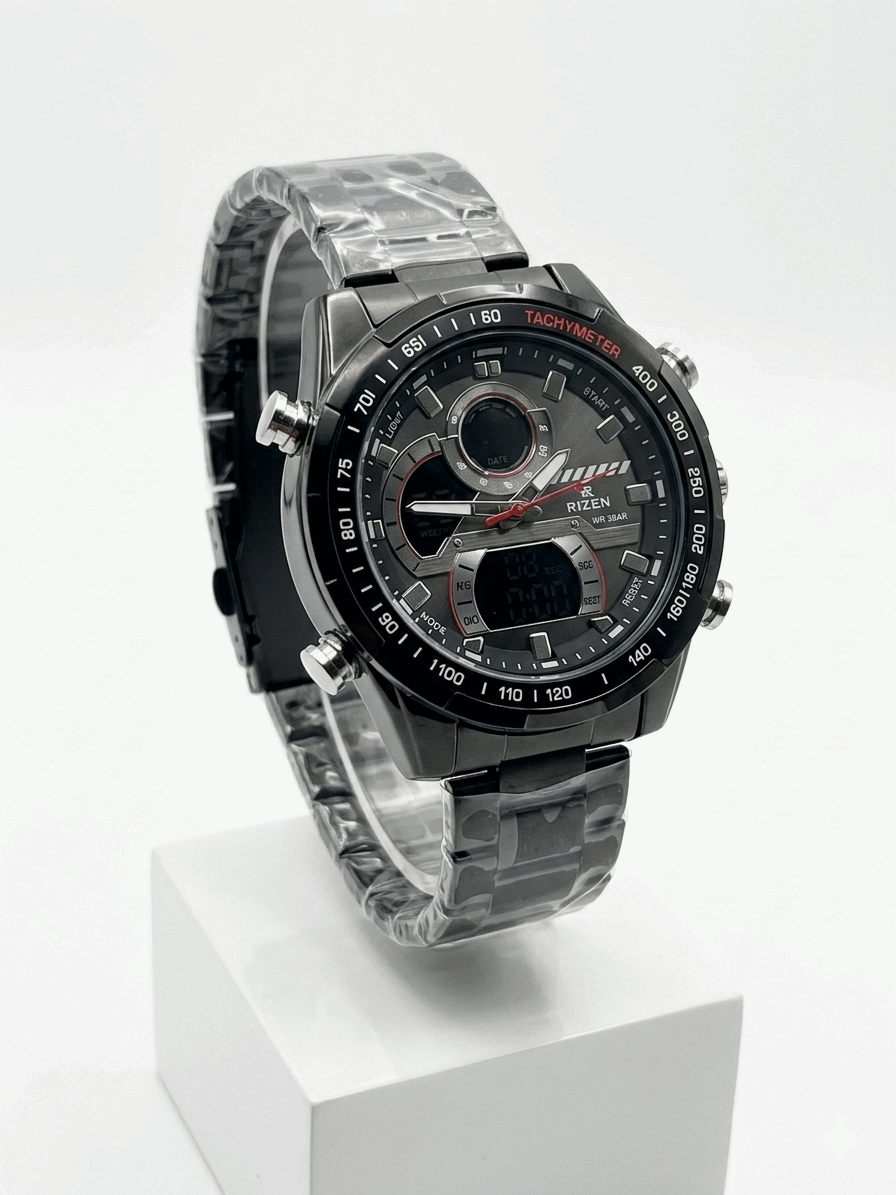 Silver metal sports watch with black dial, dual subdials, tachymeter bezel