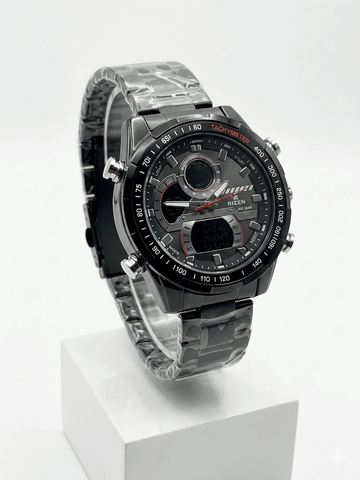 Silver metal sports watch with black dial, dual subdials, tachymeter bezel