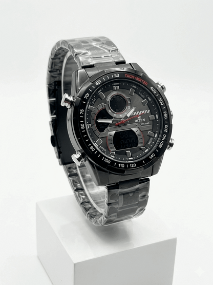 Silver metal sports watch with black dial, dual subdials, tachymeter bezel