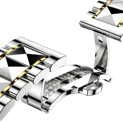 Men's diamond-cut waterproof wristwatch close-up of linked metal strap and gold accents