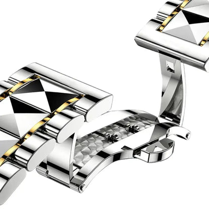 Men's diamond-cut waterproof wristwatch close-up of linked metal strap and gold accents