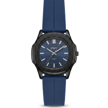 Men's quartz watch with blue silicone strap and dark blue dial, DWC logo