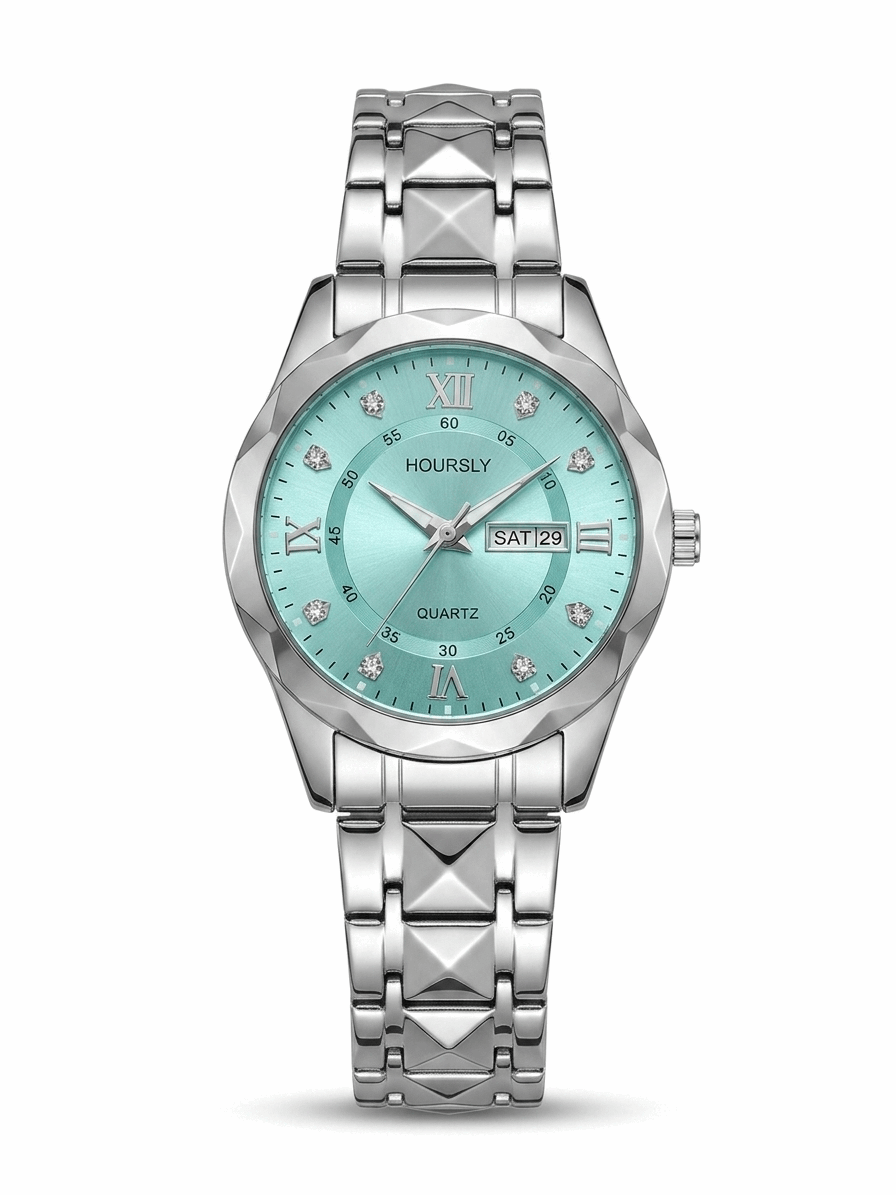 Hoursly waterproof men's watch with teal dial, Roman numerals, steel bracelet and date window