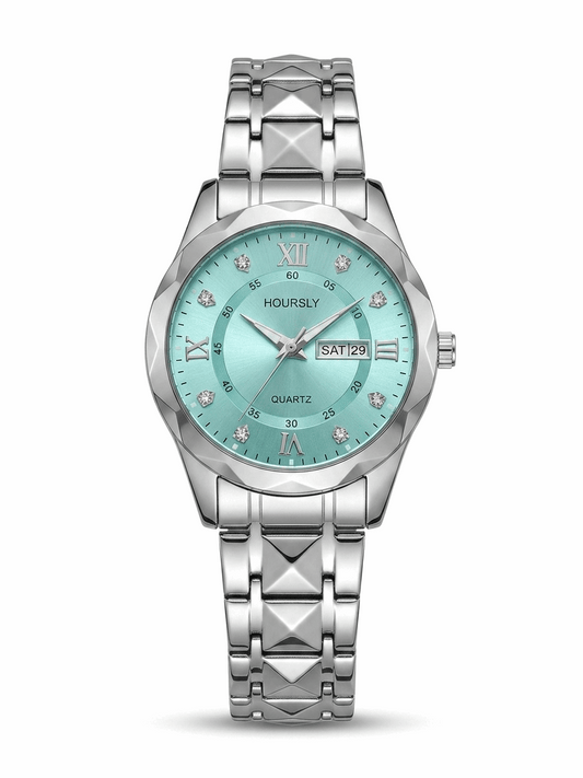 Hoursly waterproof men's watch with teal dial, Roman numerals, steel bracelet and date window