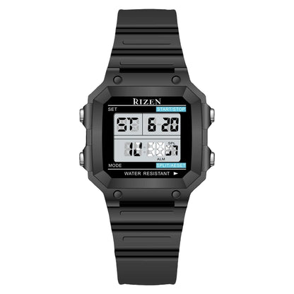 Rizen men's waterproof sports watch with black rubber strap, digital display