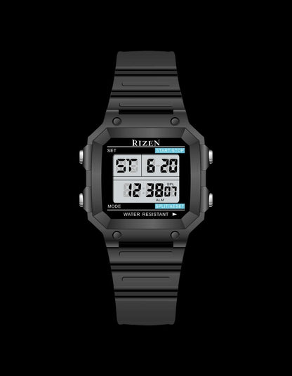 Rizen men's waterproof sports watch with dark rubber strap, digital display