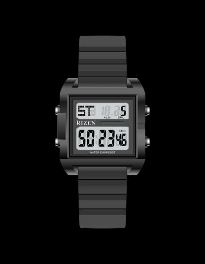 Sports digital waterproof watch with dark gray silicone strap and black case, rectangular display
