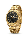 Men's diamond-cut waterproof watch, gold case with black dial and gold link bracelet