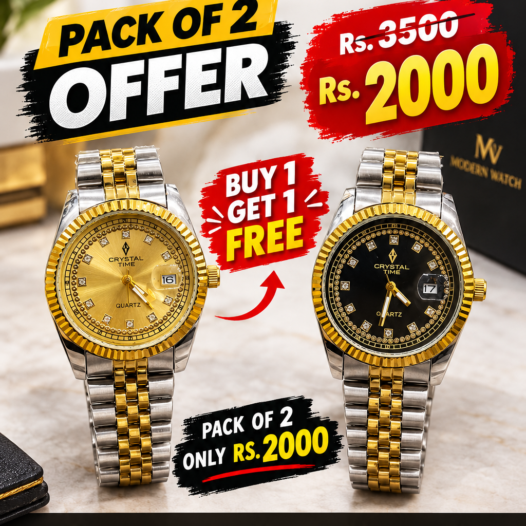 Two-tone watch pair with cream and dark dial, gold bezel, crystal details, linked metal bands